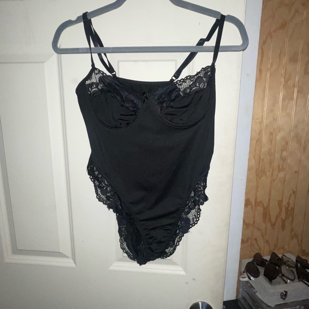black bodysuit with lace trim